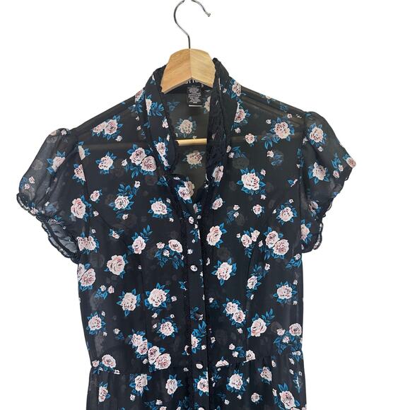 Hot Topic Floral Button-Down Black Chiffon Lace Collar Mini Dress Womens Size M - Picture 2 of 15